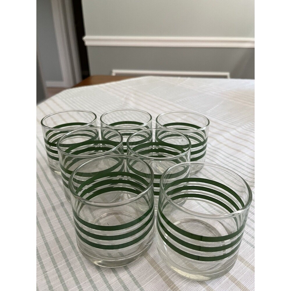 Set of 7 - Vintage 1970’s Green & White Striped 3” Rock Juice Glasses - Picture 3 of 9